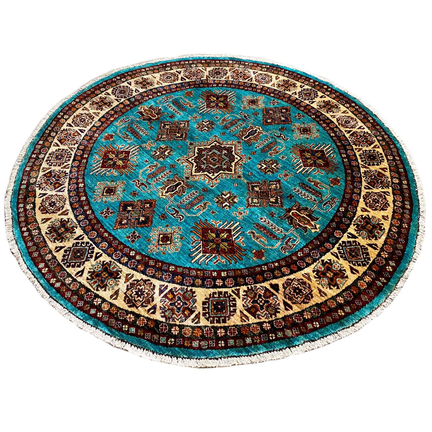Türkisfarbener Runder Kazak Teppich, 177x180 cm - German Carpet Shop