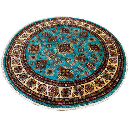 Türkisfarbener Runder Kazak Teppich, 177x180 cm - German Carpet Shop
