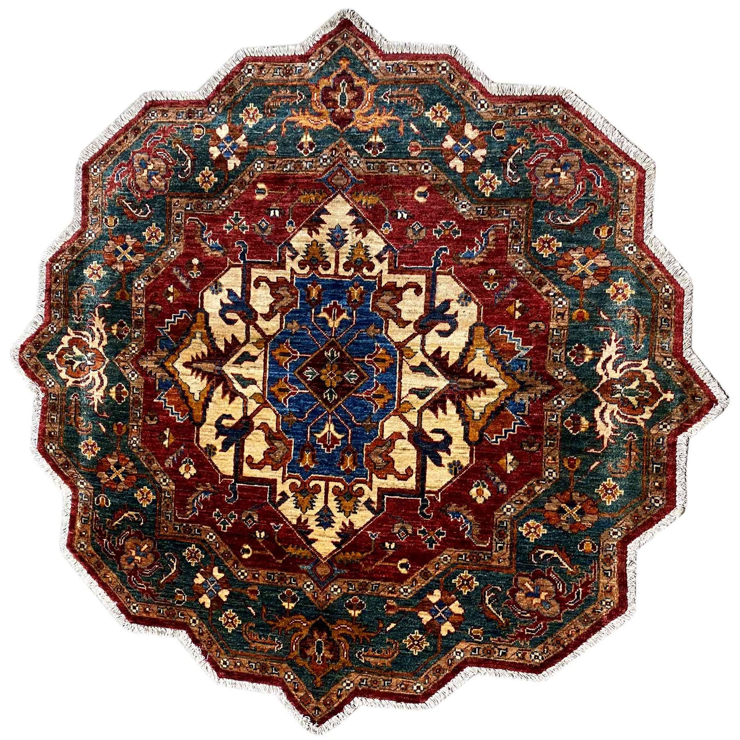 Roter & Blauer Achteckiger Kazak Teppich, 150x150 cm - German Carpet Shop