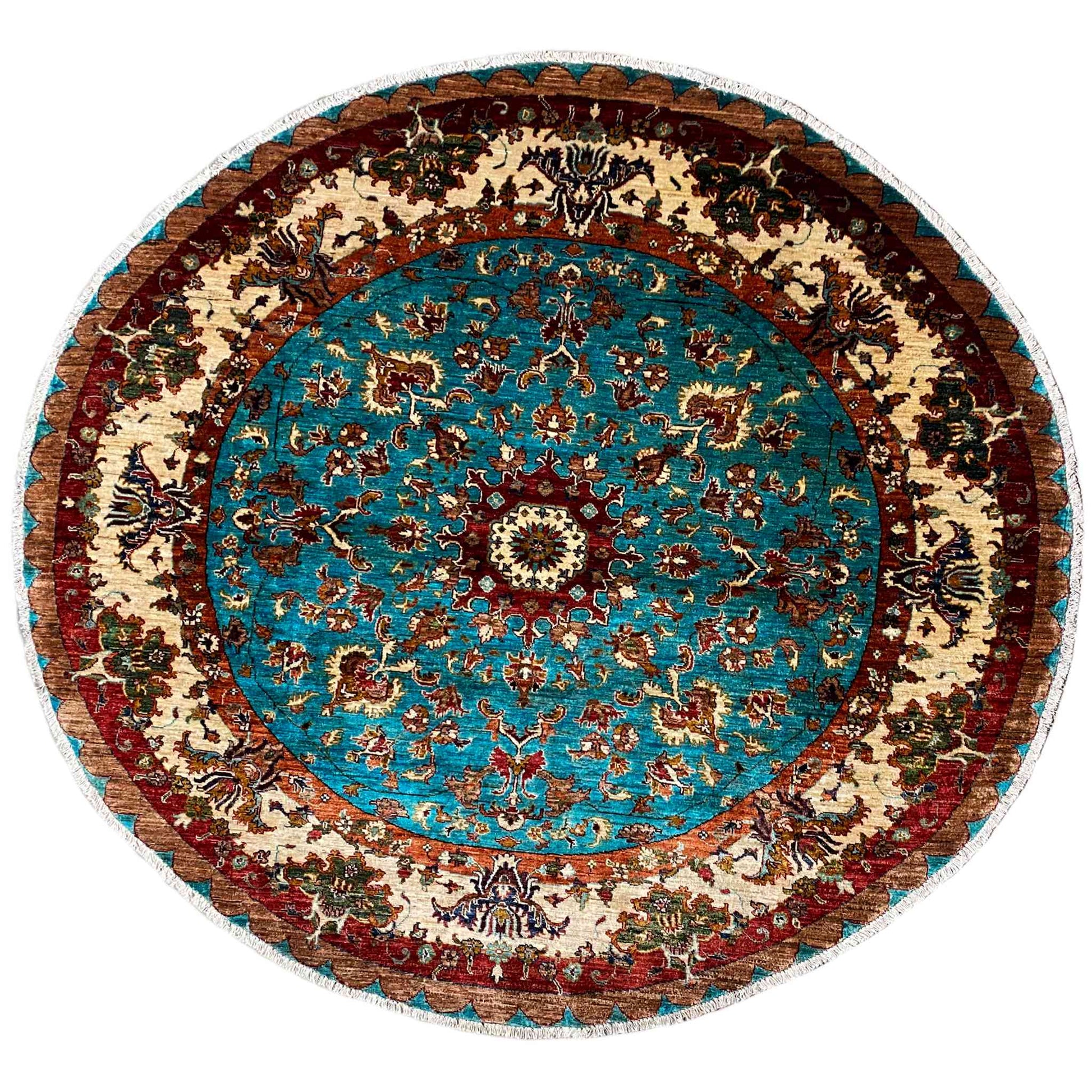 Türkis & Beiger Runder Kazak Teppich, 204x204 cm - German Carpet Shop