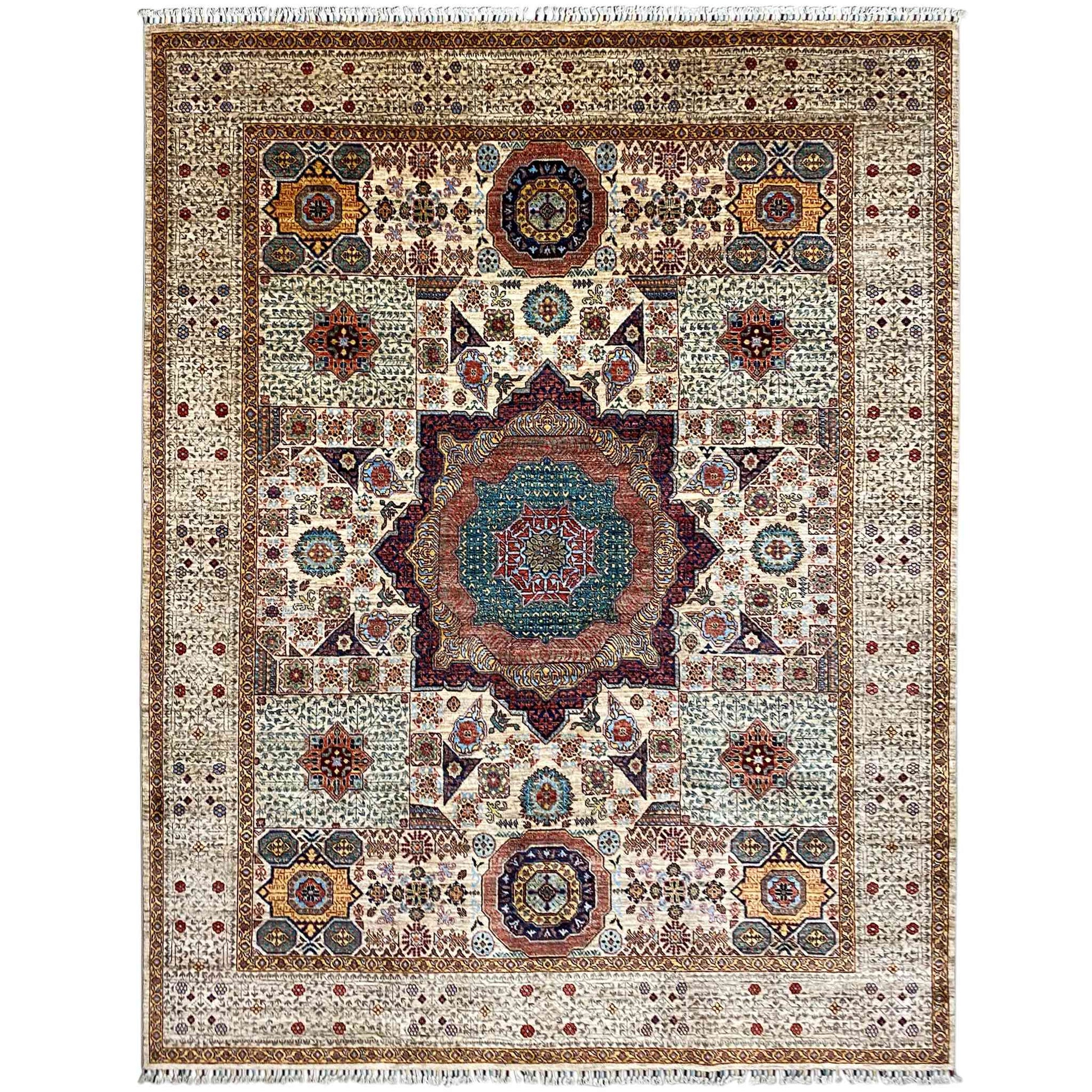 Handgeknüpfter Woll-Khorjin-Teppich, Beige & Multicolor, 296x250 cm - German Carpet Shop