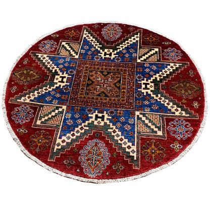 Handgeknüpfter runder Woll-Khorjin-Teppich, Rot & Blau, 139x140 cm - German Carpet Shop