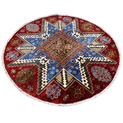 Handgeknüpfter runder Woll-Khorjin-Teppich, Rot & Blau, 139x140 cm - German Carpet Shop