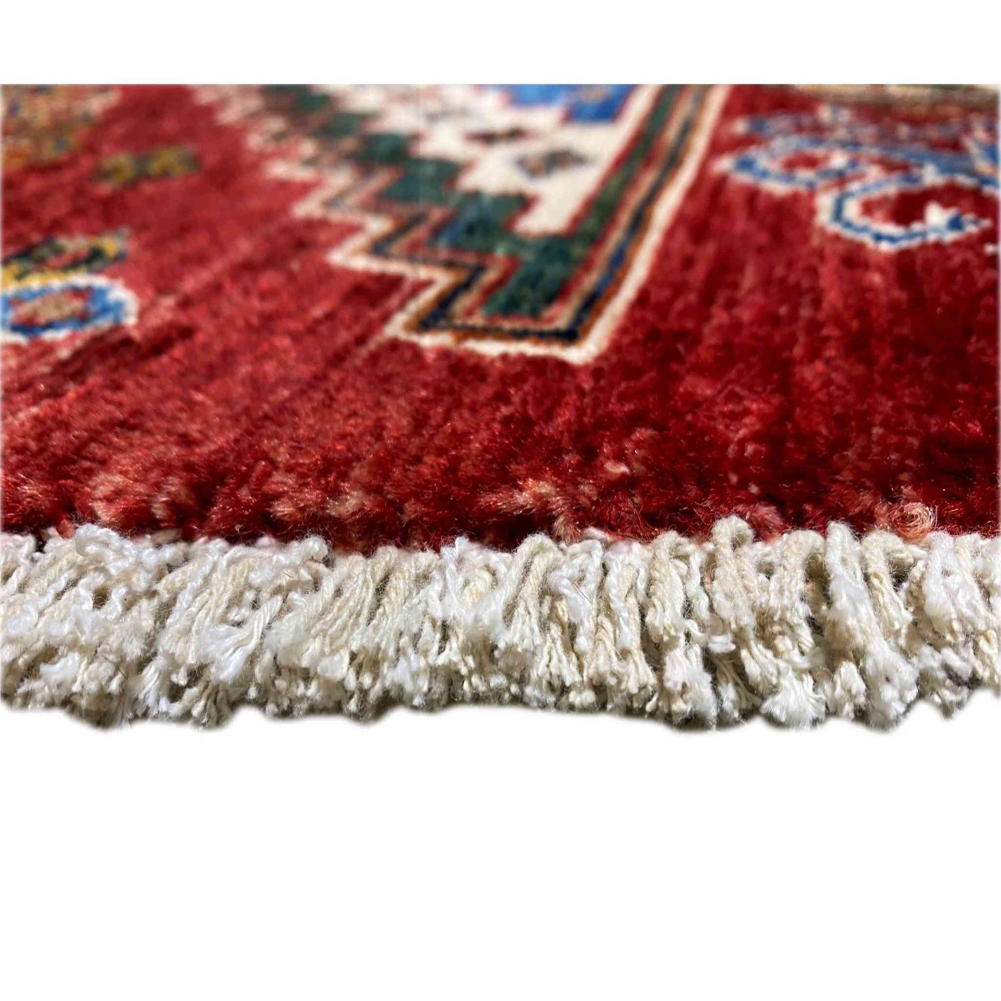 Handgeknüpfter runder Woll-Khorjin-Teppich, Rot & Blau, 139x140 cm - German Carpet Shop