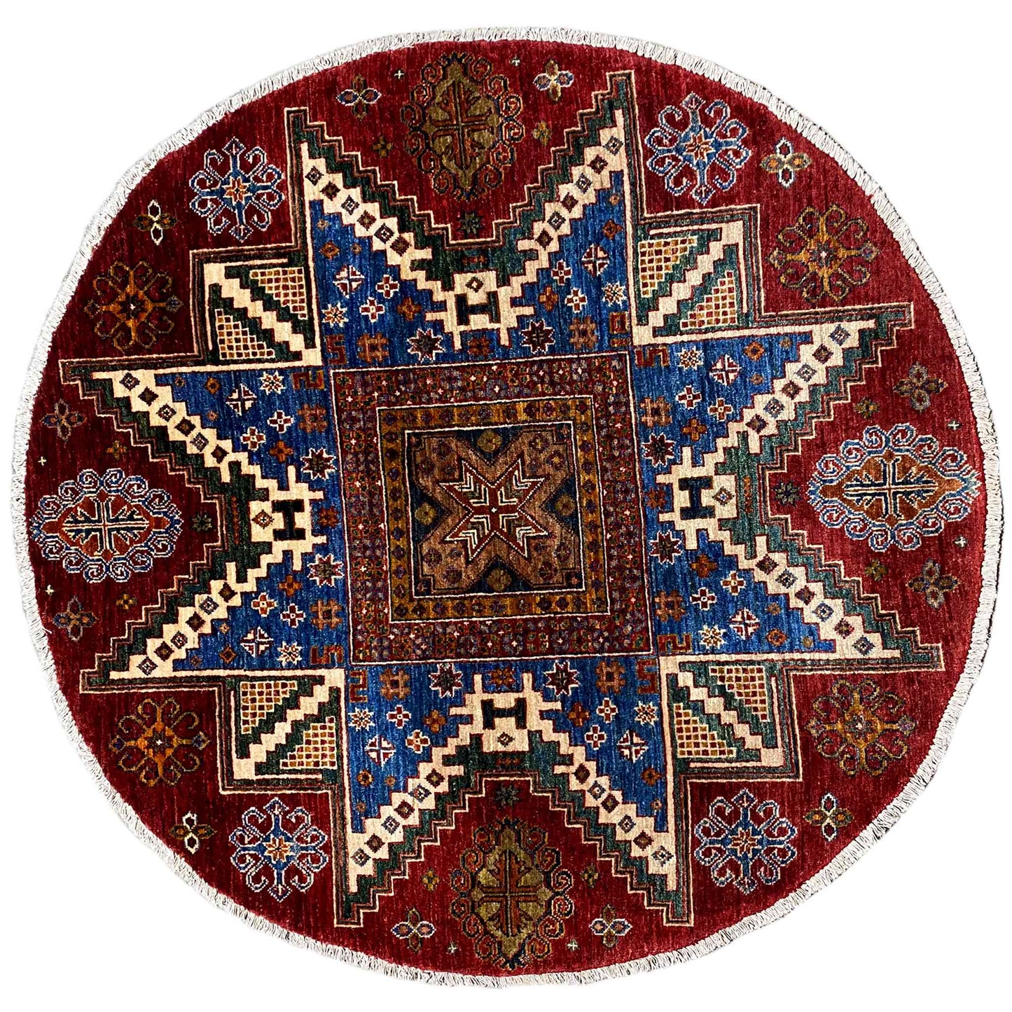 Handgeknüpfter runder Woll-Khorjin-Teppich, Rot & Blau, 139x140 cm - German Carpet Shop