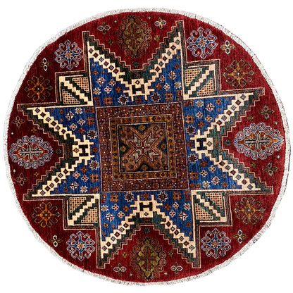 Handgeknüpfter runder Woll-Khorjin-Teppich, Rot & Blau, 139x140 cm - German Carpet Shop