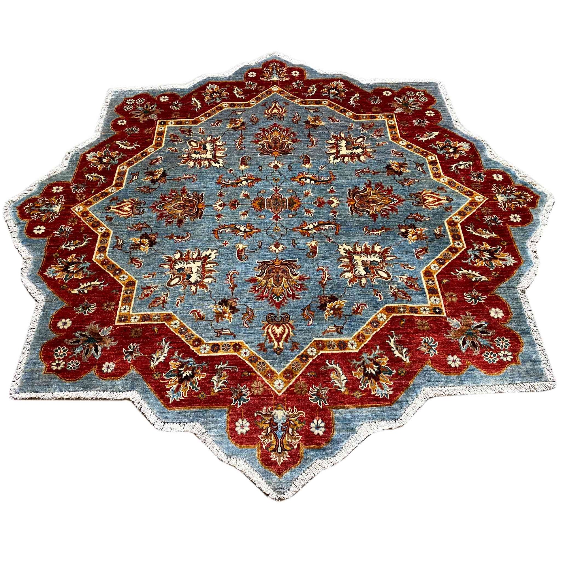 Handgeknüpfter Woll-Stern-Khorjin-Teppich, Blau & Rot, 205x202 cm - German Carpet Shop