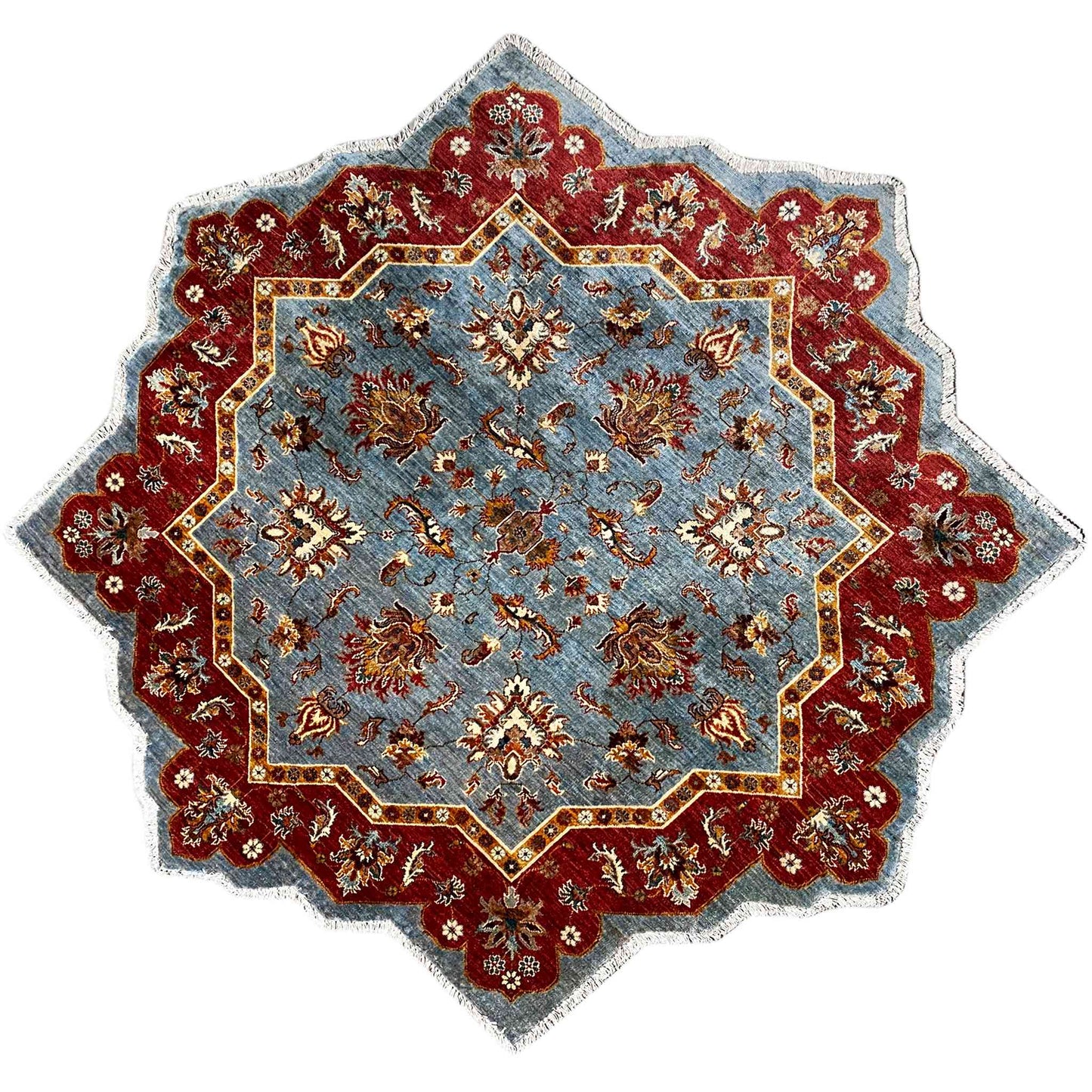 Handgeknüpfter Woll-Stern-Khorjin-Teppich, Blau & Rot, 205x202 cm - German Carpet Shop