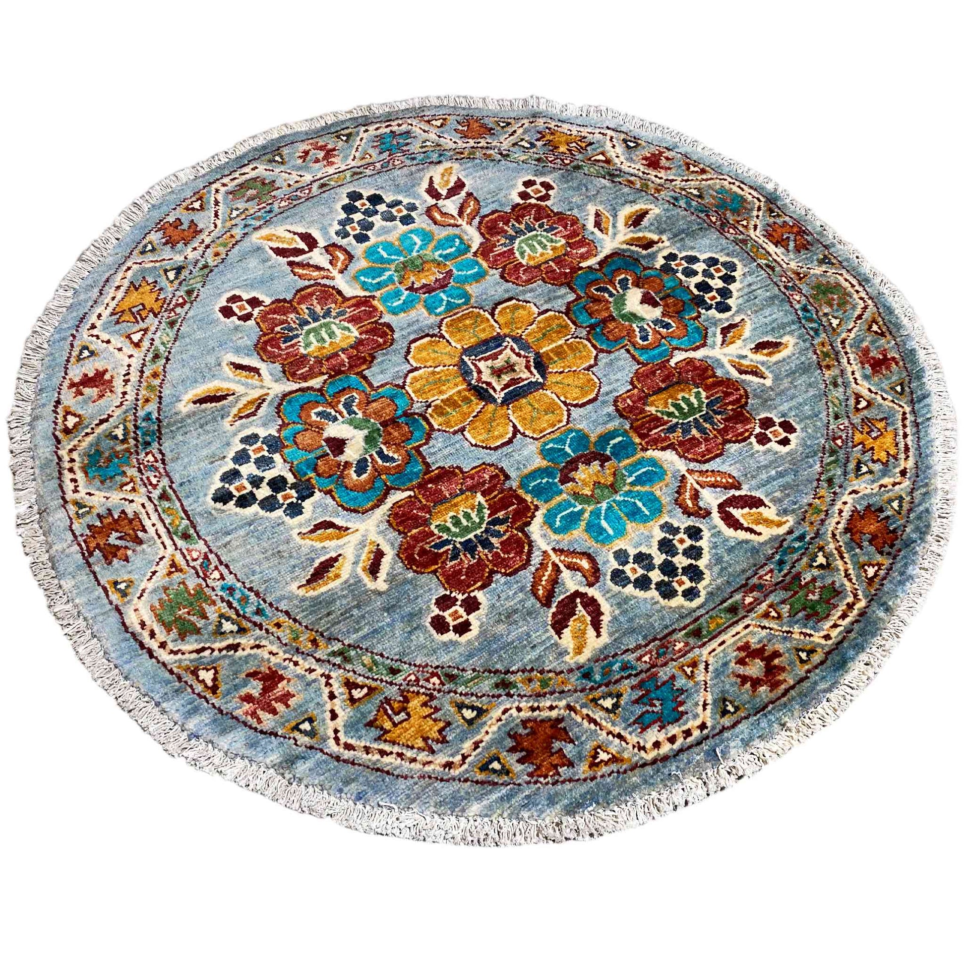 Khorjin-Wollteppich, Blaues Blumenmuster, 108x107 cm - German Carpet Shop
