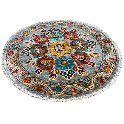 Khorjin-Wollteppich mit Blauem Blumenmuster, 108x106 cm - German Carpet Shop