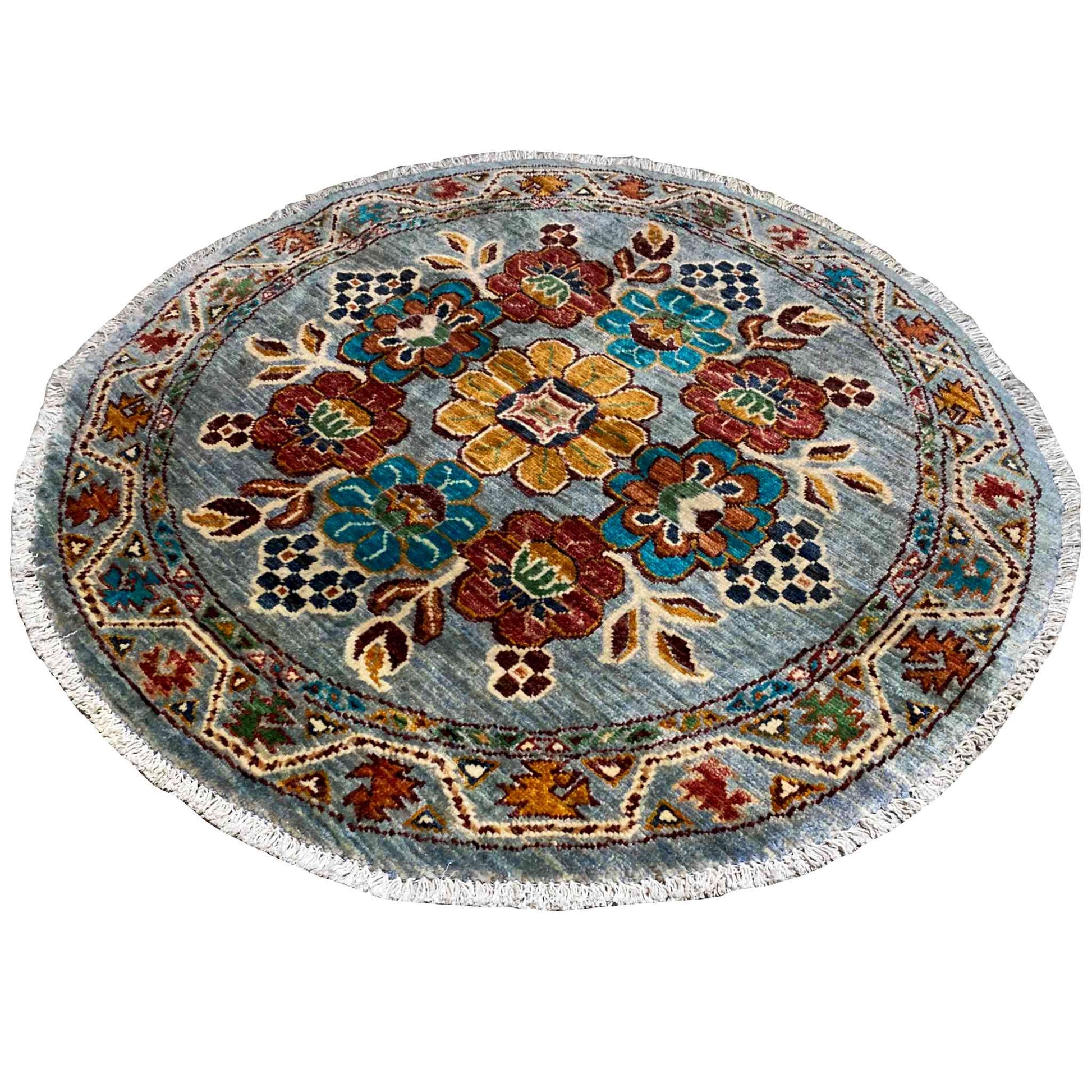 Khorjin-Wollteppich mit Blauem Blumenmuster, 108x106 cm - German Carpet Shop
