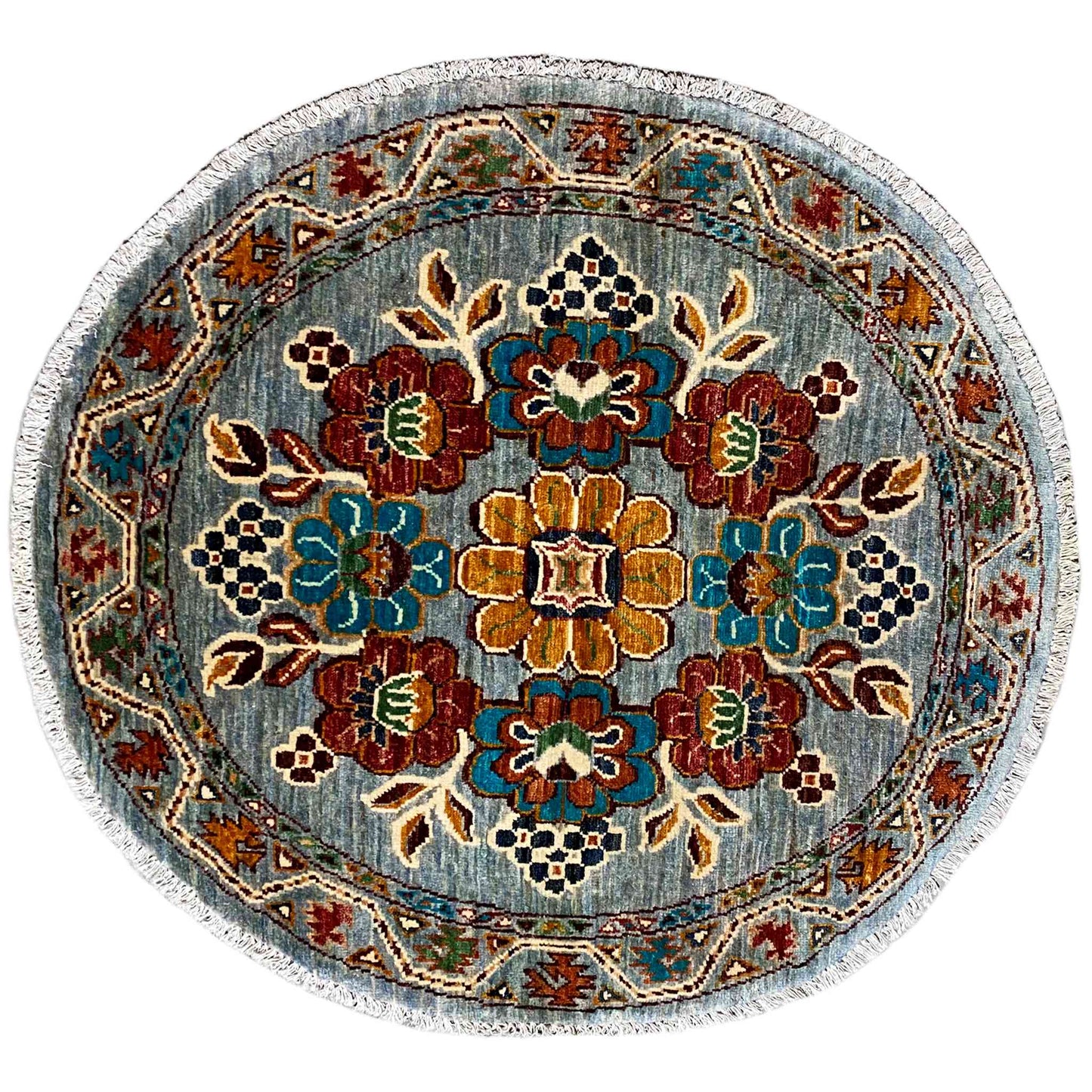 Khorjin-Wollteppich mit Blauem Blumenmuster, 108x106 cm - German Carpet Shop