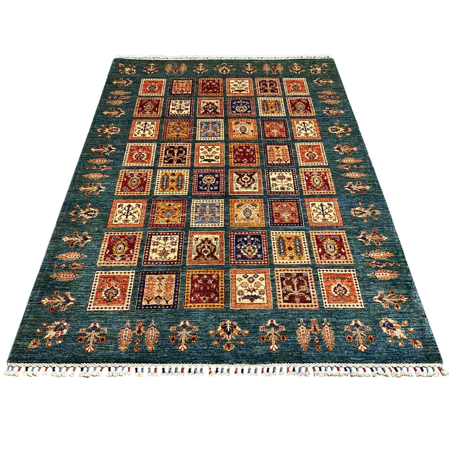 Khorjin Teppich - Blaugrün & Mehrfarbige Quadrate, 244x177 cm - German Carpet Shop