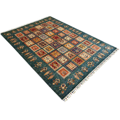 Khorjin Teppich - Blaugrün & Mehrfarbige Quadrate, 244x177 cm - German Carpet Shop