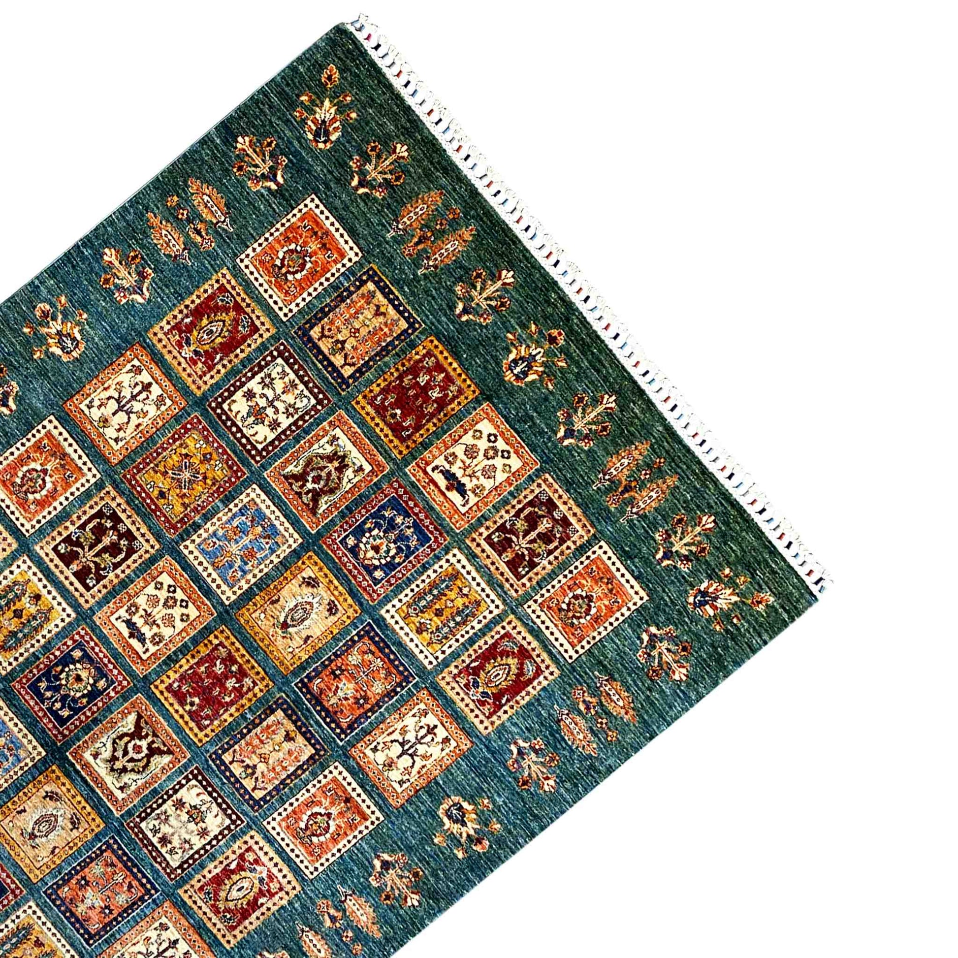 Khorjin Teppich - Blaugrün & Mehrfarbige Quadrate, 244x177 cm - German Carpet Shop