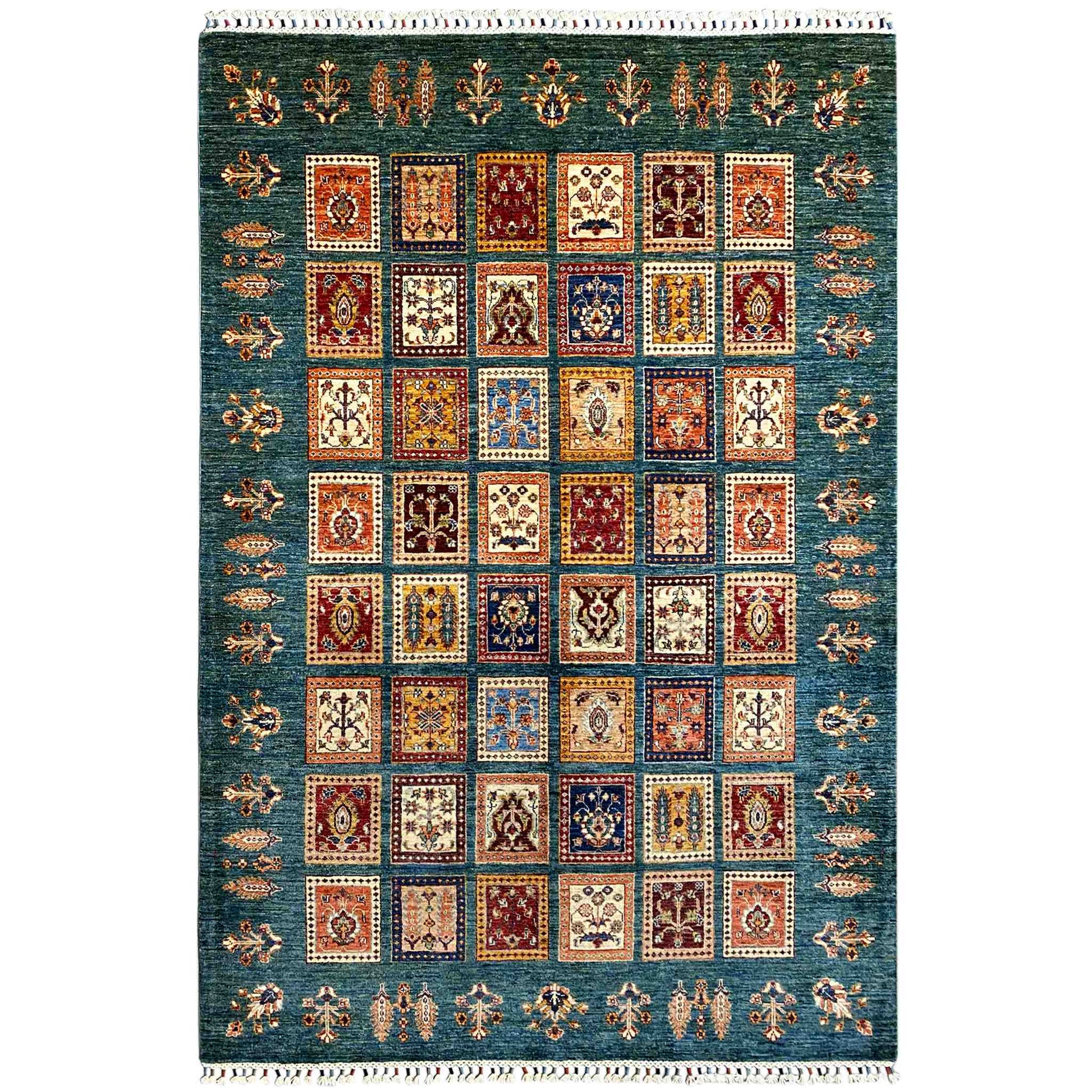 Khorjin Teppich - Blaugrün & Mehrfarbige Quadrate, 244x177 cm - German Carpet Shop