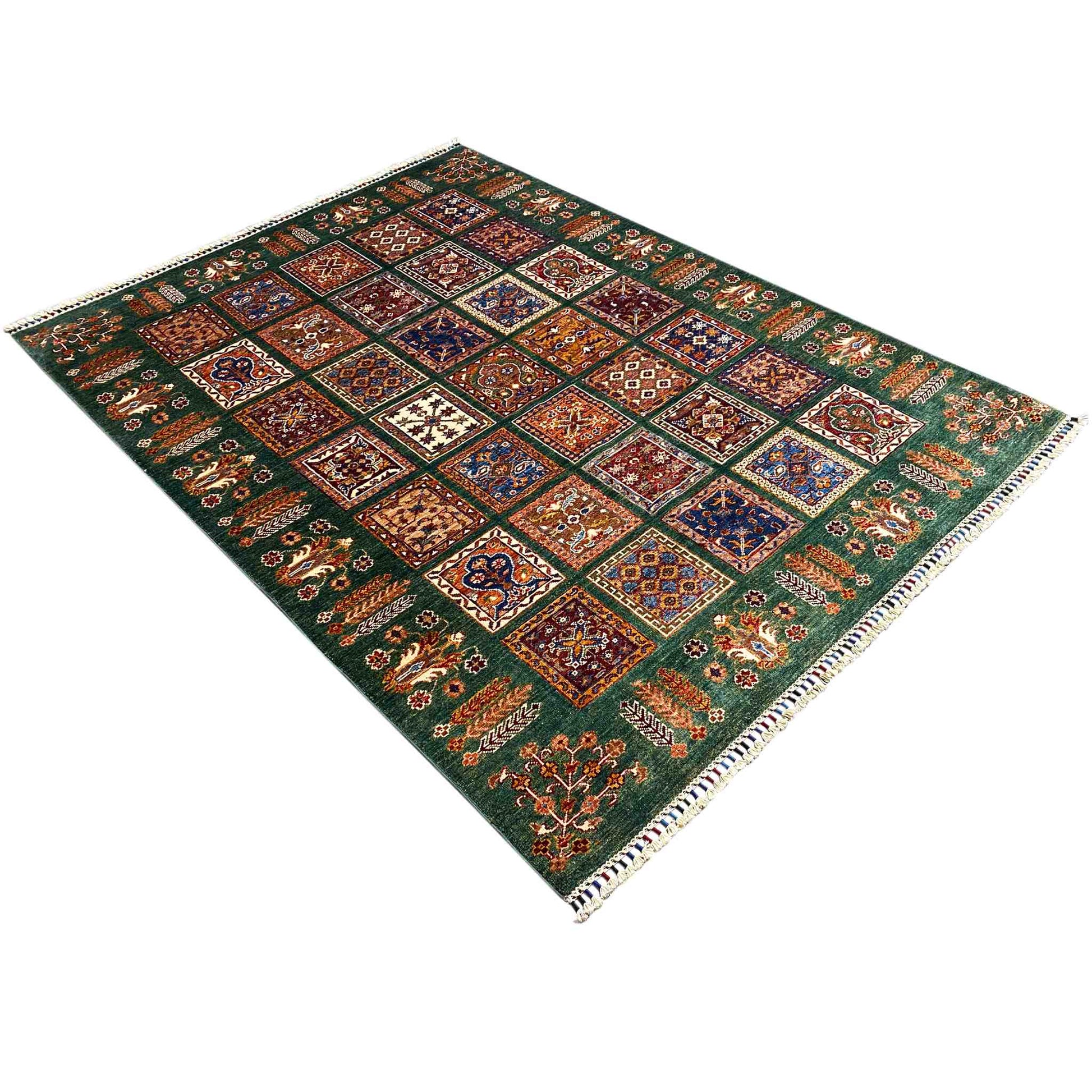 Handgeknüpfter Khorjin Teppich - Grüner Wollteppich, 212x159 cm - German Carpet Shop