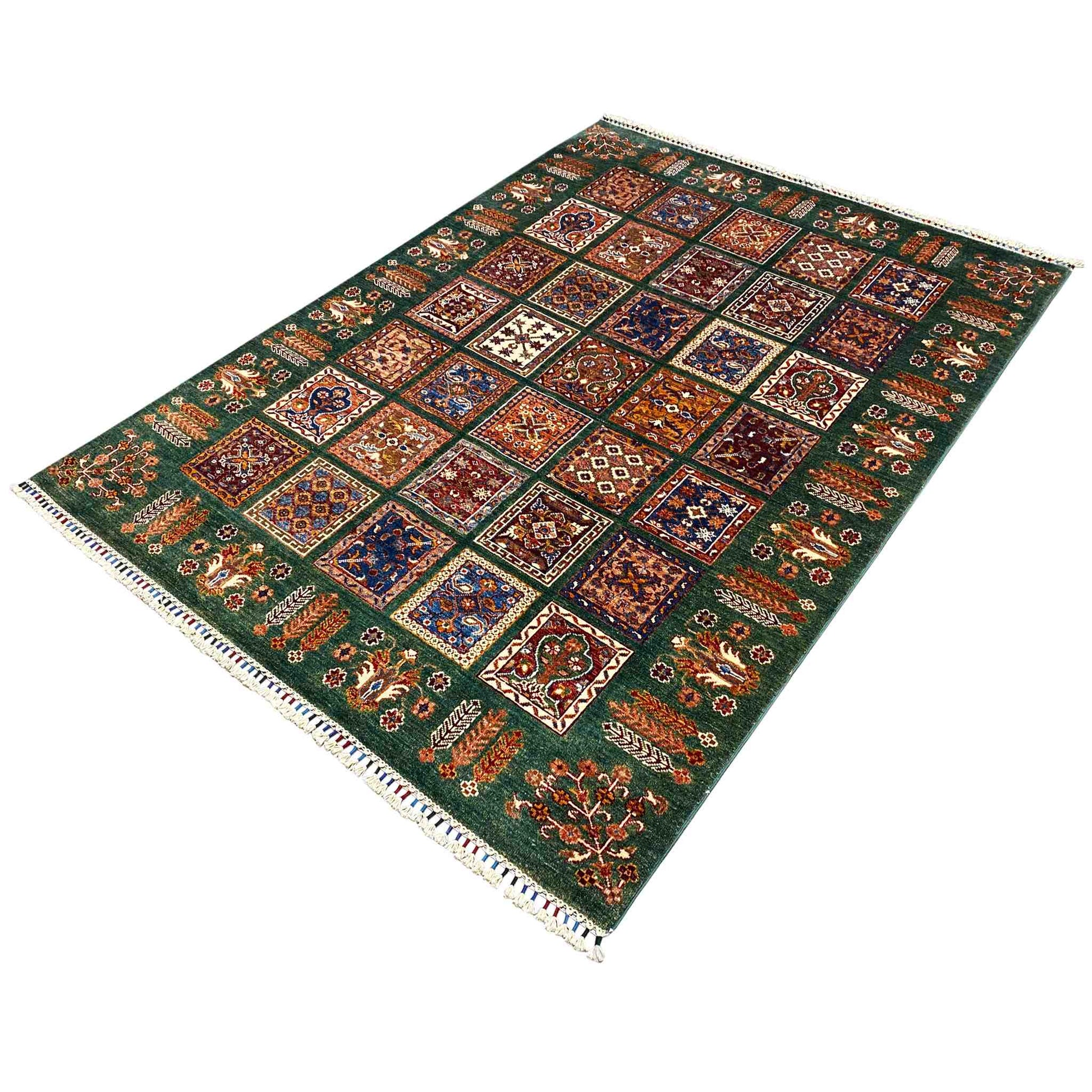Handgeknüpfter Khorjin Teppich - Grüner Wollteppich, 212x159 cm - German Carpet Shop