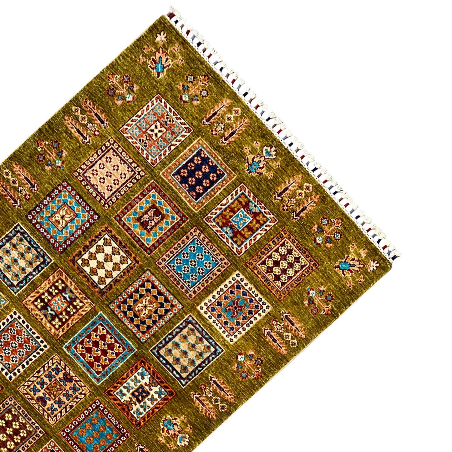 Afghanischer Khorjin Wollteppich, Olivgrün, 165x105 cm - German Carpet Shop