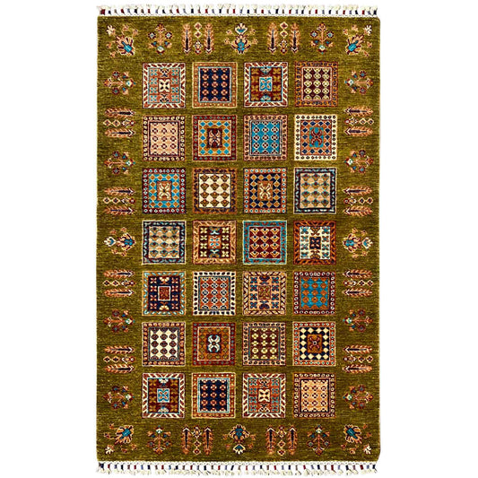 Afghanischer Khorjin Wollteppich, Olivgrün, 165x105 cm - German Carpet Shop