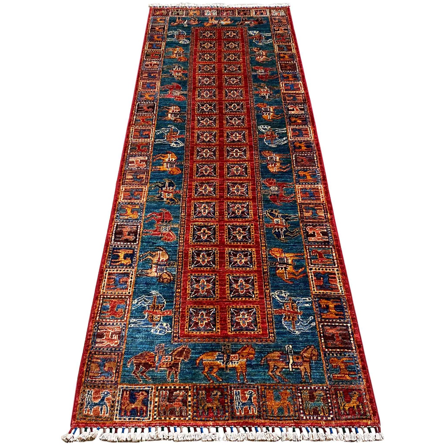 Afghan Khorjin Läufer Teppich – Blau & Rot, 256x85 cm - German Carpet Shop
