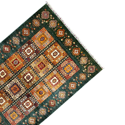 Khorjin-Teppich - Blaugrünes geometrisches Design & rustikale Eleganz, 229x176 cm - German Carpet Shop