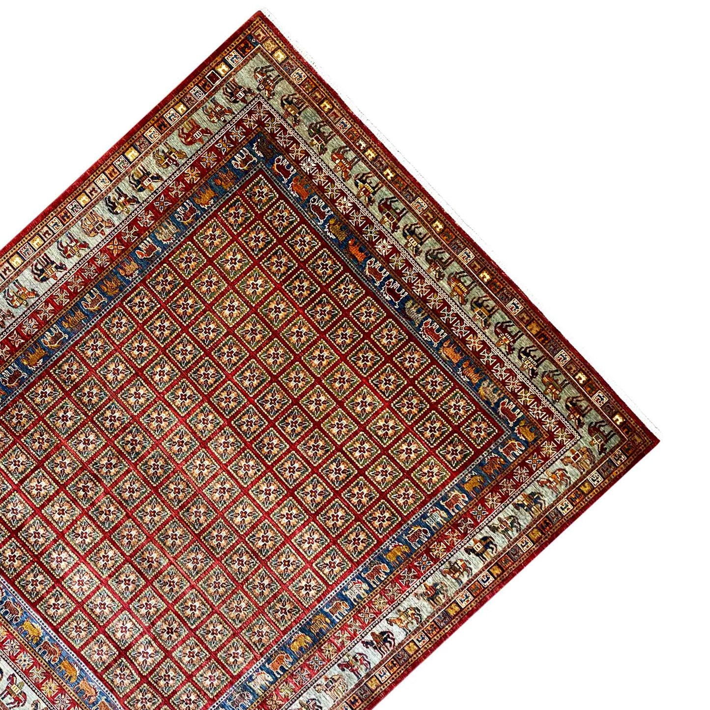 Khorjin Teppich - Geometrisches Paneel, Reiches Rot & Stammesbordüren, 285x258 cm - German Carpet Shop