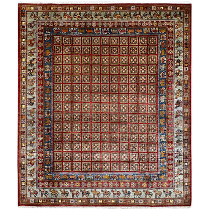 Khorjin Teppich - Geometrisches Paneel, Reiches Rot & Stammesbordüren, 285x258 cm - German Carpet Shop