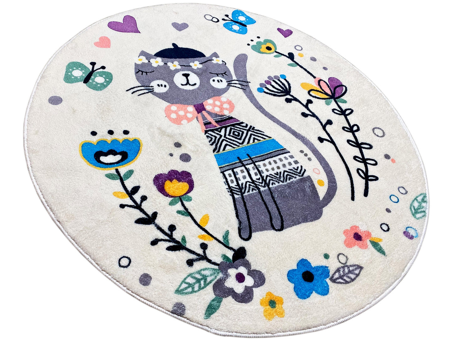 Round Children's Rug Cat, white, 100 cm