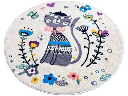 Round Children's Rug Cat, white, 100 cm