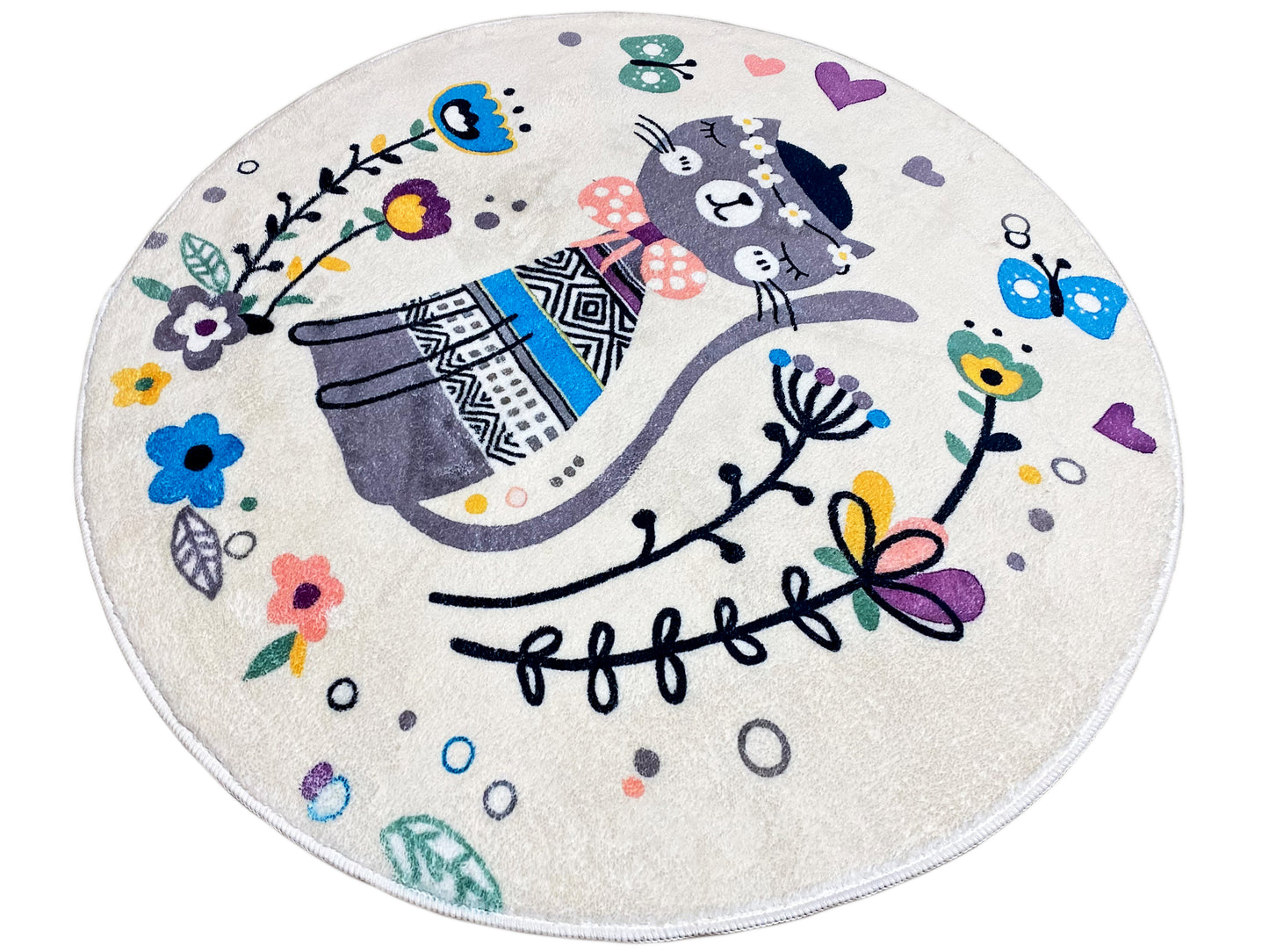 Round Children's Rug Cat, white, 100 cm