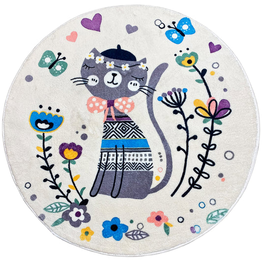 Round Children's Rug Cat, white, 100 cm