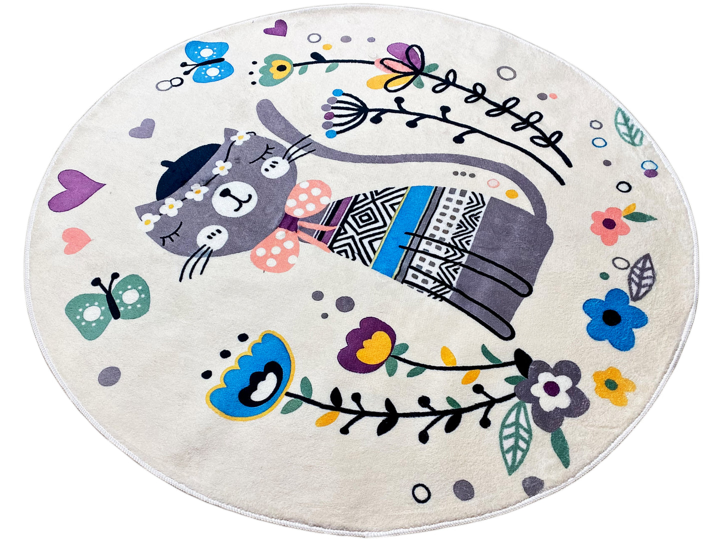 Round Children's Rug Cat, white, 120 cm