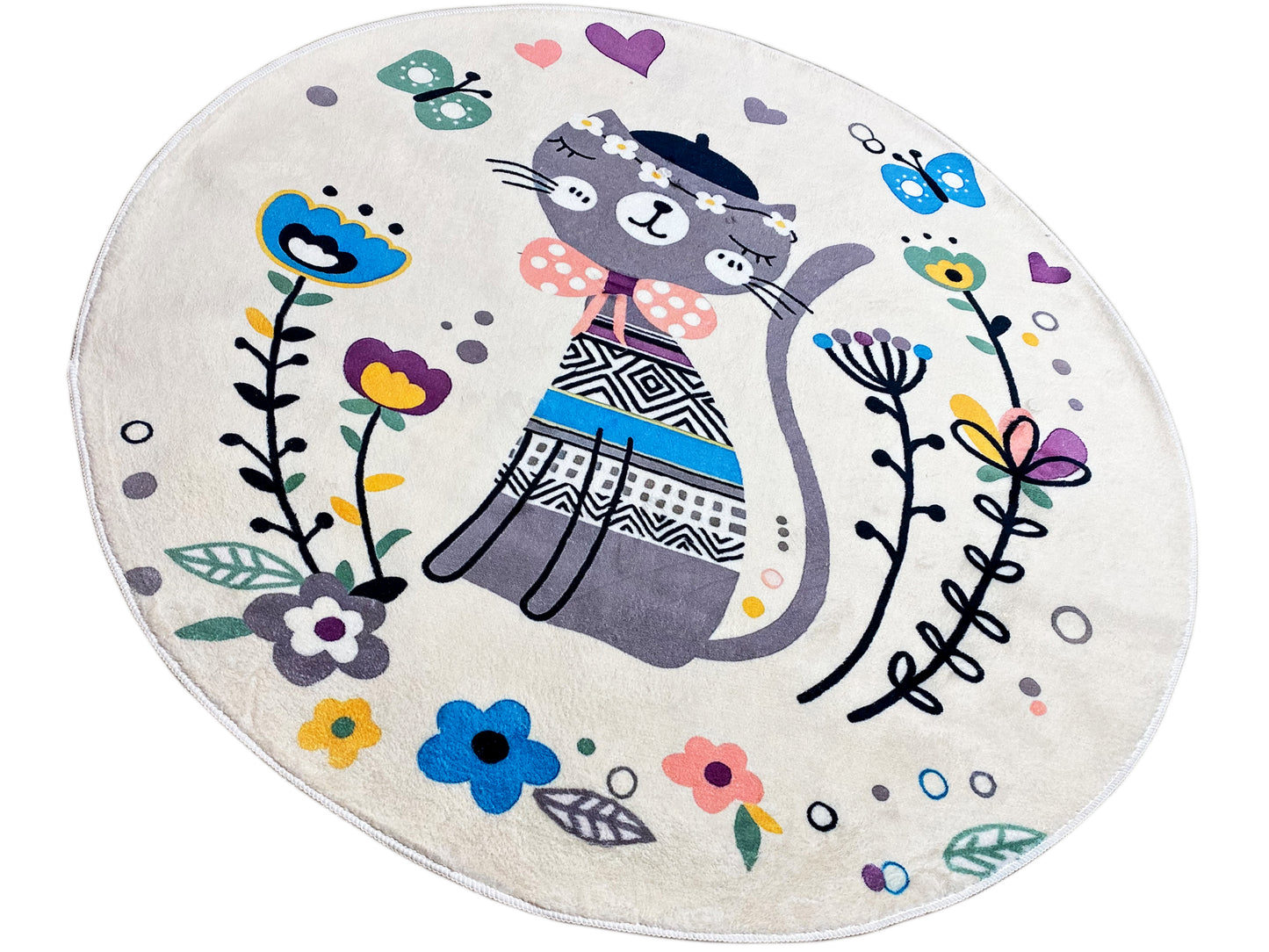 Round Children's Rug Cat, white, 120 cm
