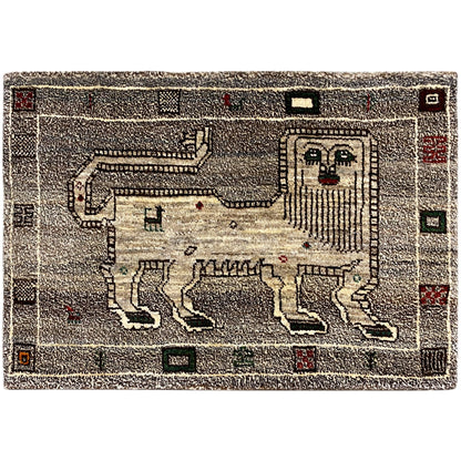Grauer Löwen Gabbeh Teppich 94x64 cm - German Carpet Shop