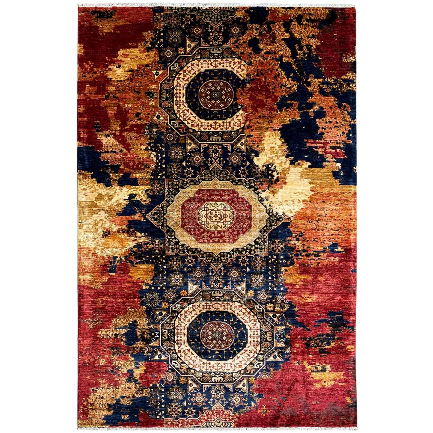 Mamluk Handgeknüpfter Wollteppich Rot Beige 312x202 cm - German Carpet Shop