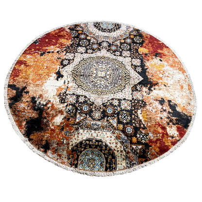 Afghanischer Mamluk Runder Handgeknüpfter Teppich Rot Beige 156x155 cm - German Carpet Shop