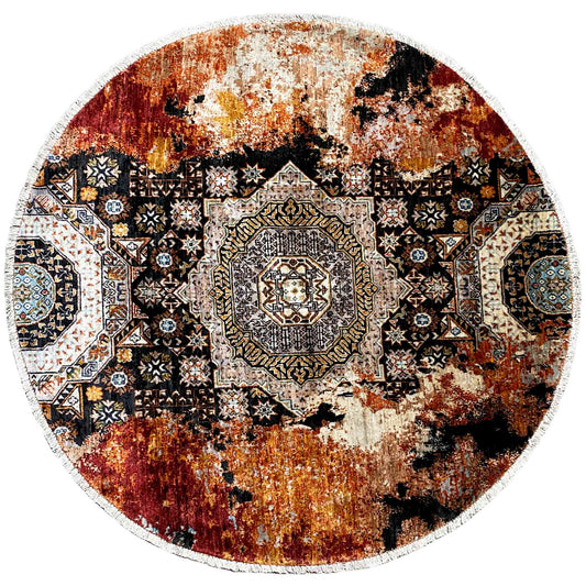 Afghanischer Mamluk Runder Handgeknüpfter Teppich Rot Beige 156x155 cm - German Carpet Shop