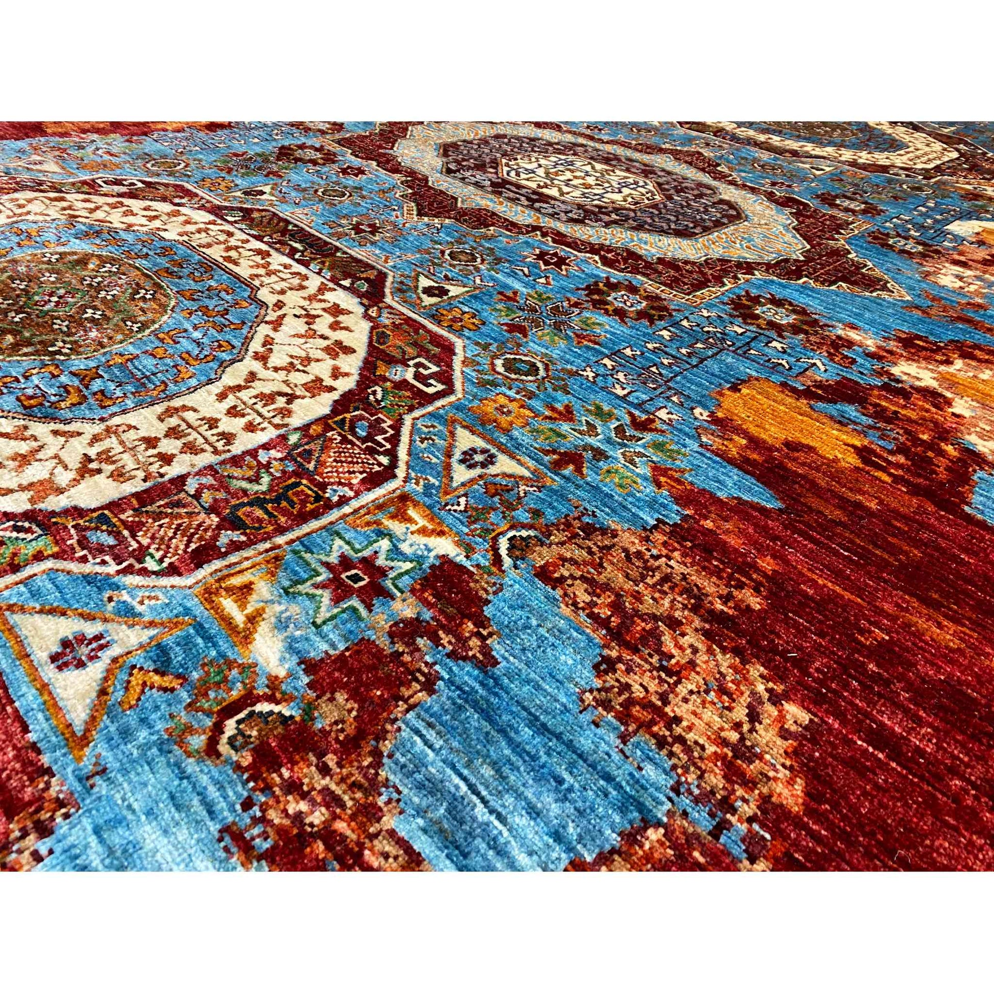 Afghanischer Mamluk Handgeknüpfter Teppich Rot Türkis 293x204 cm - German Carpet Shop