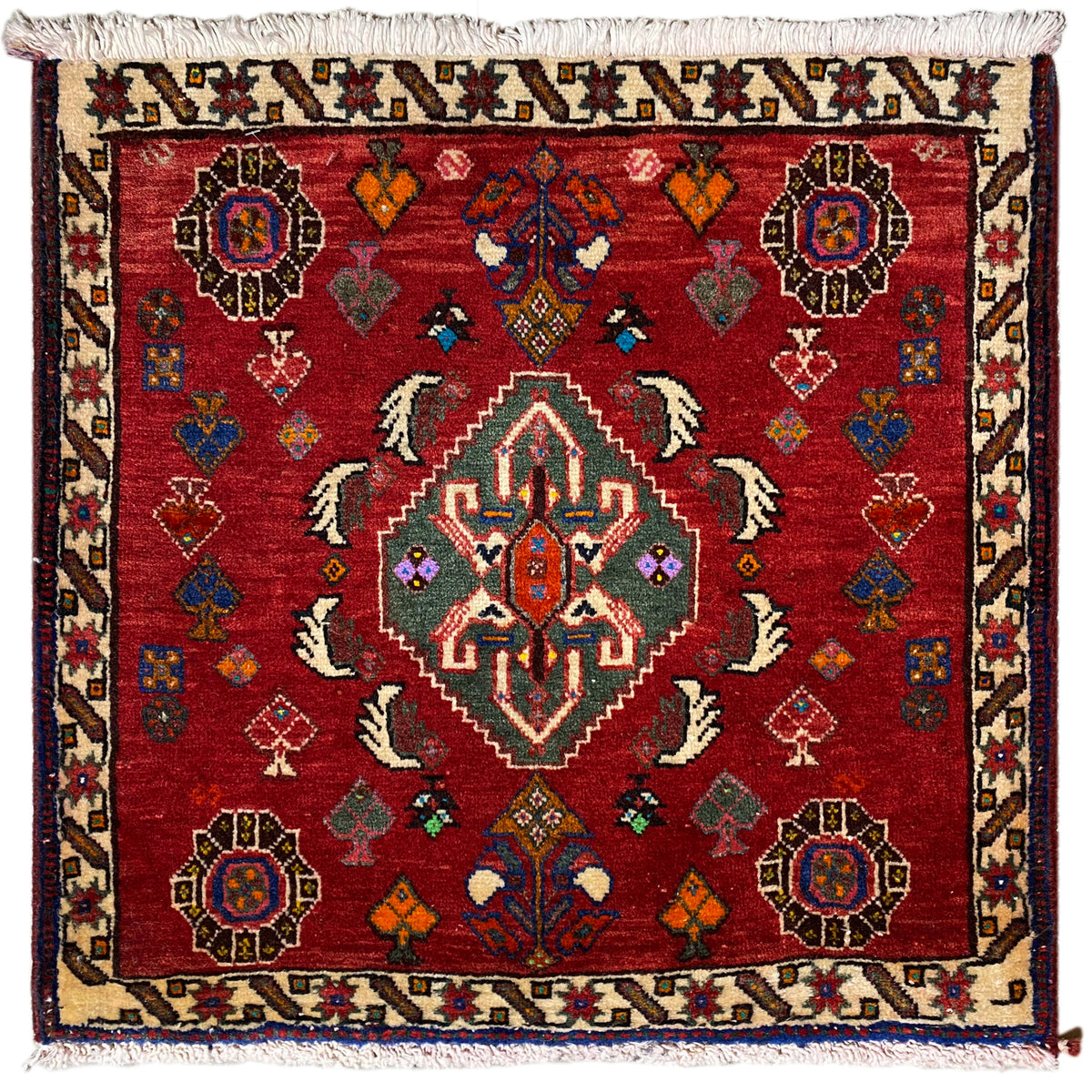 Poshti rug 58x57 cm, red hand-knotted rug with geometric pattern and fringes