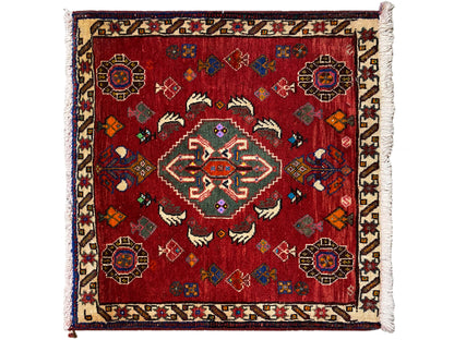 Poshti rug 58x57 cm, red vintage ornamental pattern with border trim and fringes