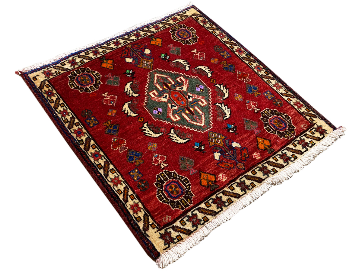 Poshti rug 58x57 cm, red rug with stylized flowers, decorative border and fringes