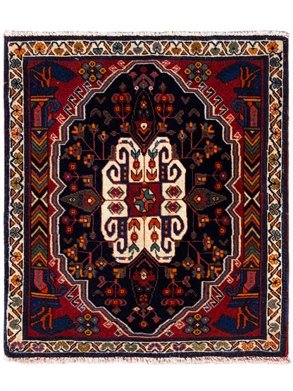 Poshti rug in a square design with a blue background and a white-and-red ornamental pattern