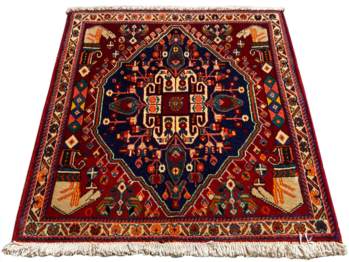 Poshti rug 64x64 cm, square, rotated view, burgundy and dark blue, fringes