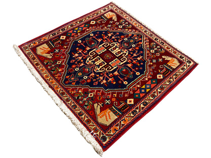 Poshti rug 64x64 cm, square, diagonal, dark blue medallion, colorful details, fringes