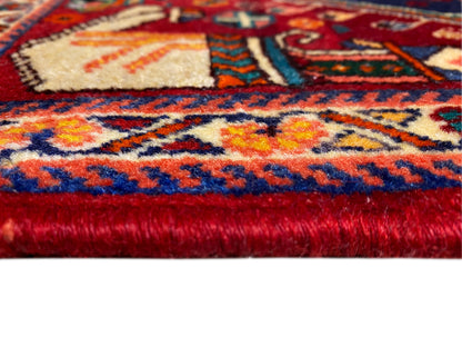 Poshti rug 64x64 cm, close-up of the pile and border, red and blue with multicolored accents