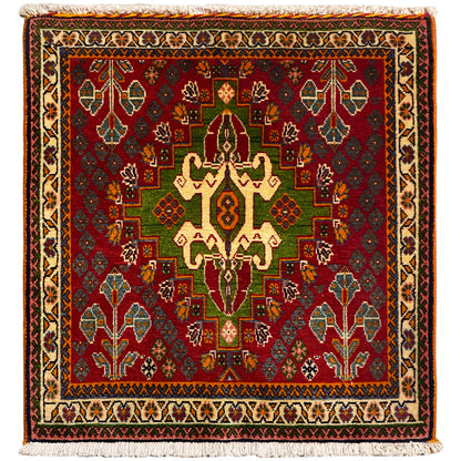 Oriental rug with a bold red, green, and beige pattern, square with fringes