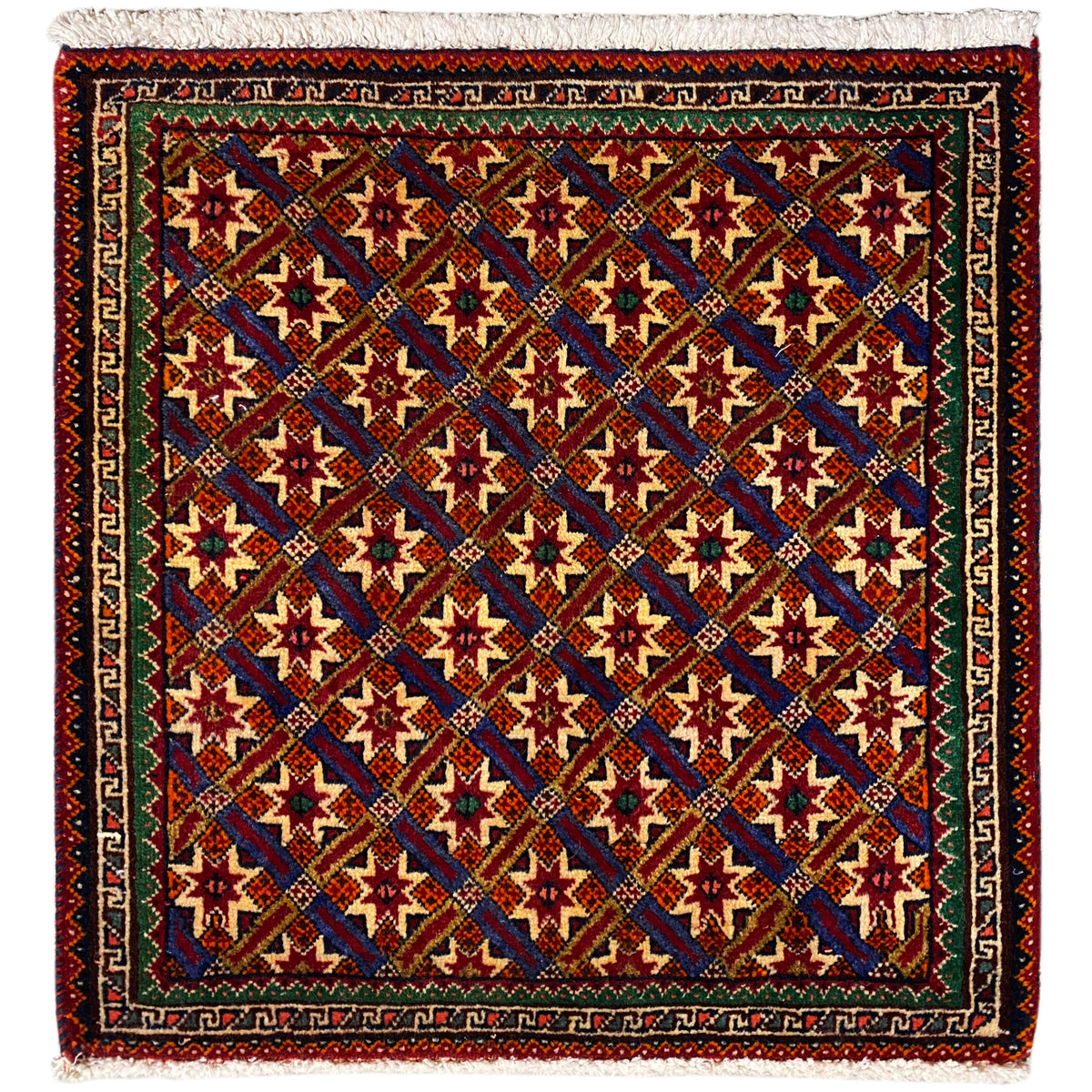 Poshti rug 62x52 cm with geometric pattern, multicolored and fringed.