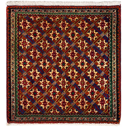 Poshti rug 62x52 cm with geometric pattern, multicolored and fringed.