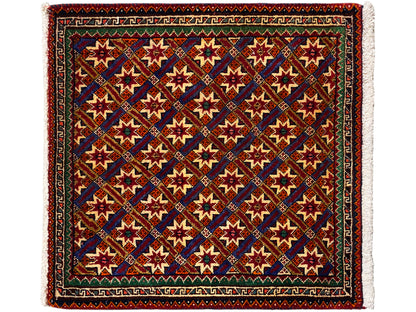 Poshti rug 62x52 cm, dark background with colorful stars and fringes.